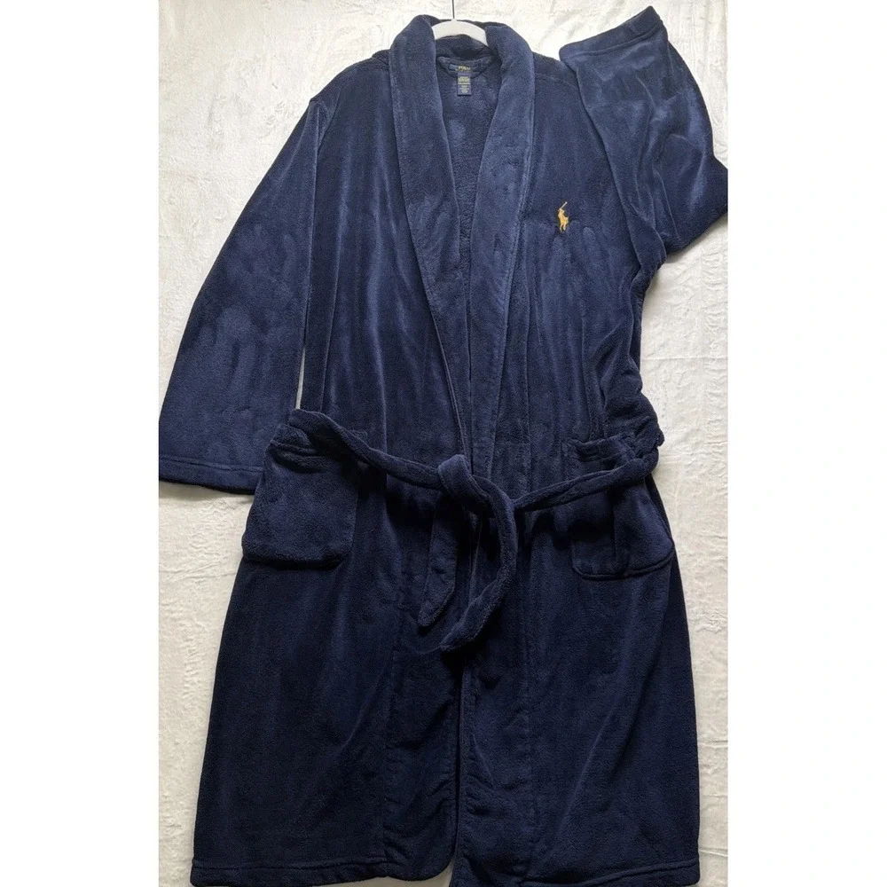 Polo Ralph Lauren Fleece Robe Navy Blue Plush Sleepwear‎ Mens Large
